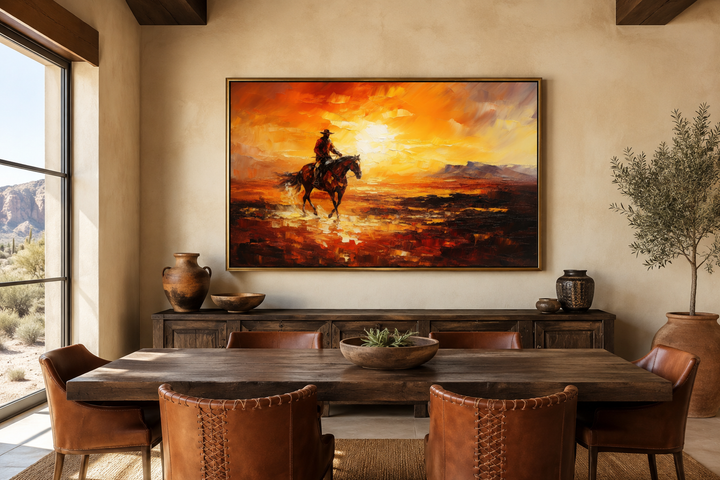 Wild West canvas art of a cowboy riding a horse in a desert at sunset, hung in a rustic dining room.