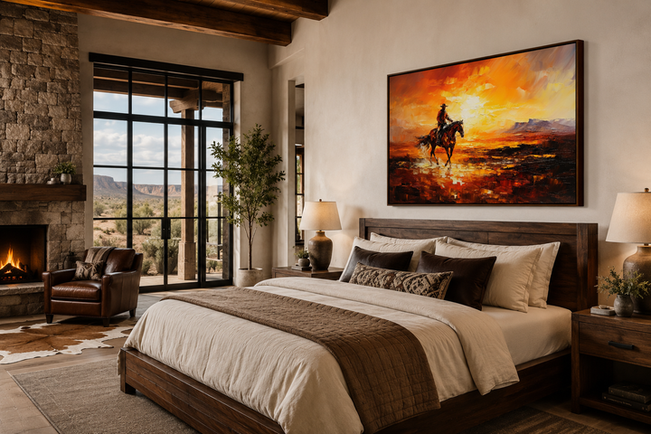 Wild West canvas art of a cowboy riding a horse in a desert sunset above a rustic wooden bed.