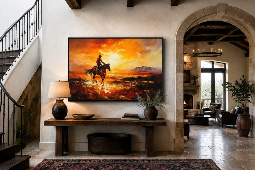 Wild West canvas art of a cowboy riding a horse in a desert at sunset, displayed in a rustic room.