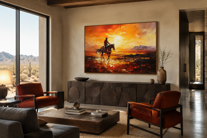 Wild West canvas art of a cowboy riding a horse in a desert at sunset above a dark wood sideboard.