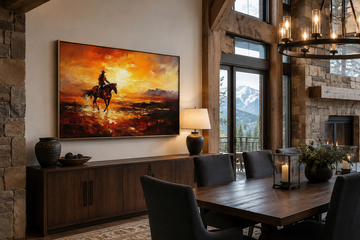 Cowboy riding a horse in the desert at sunset canvas art hanging in a rustic dining room.