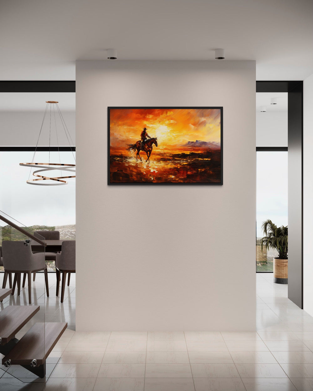 Cowboy Riding A Horse In The Desert At Sunset Wild West Canvas Art in living room