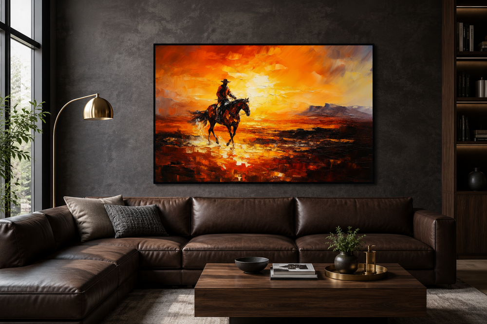 Wild West canvas art of a cowboy riding a horse in a desert at sunset over a brown leather sofa.