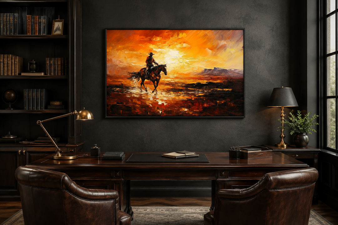 Cowboy riding a horse in the desert at sunset canvas art hanging above a dark wood desk in a study.