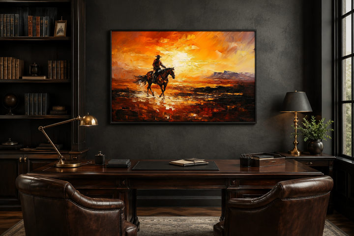 Cowboy riding a horse in the desert at sunset canvas art hanging above a dark wood desk in a study.