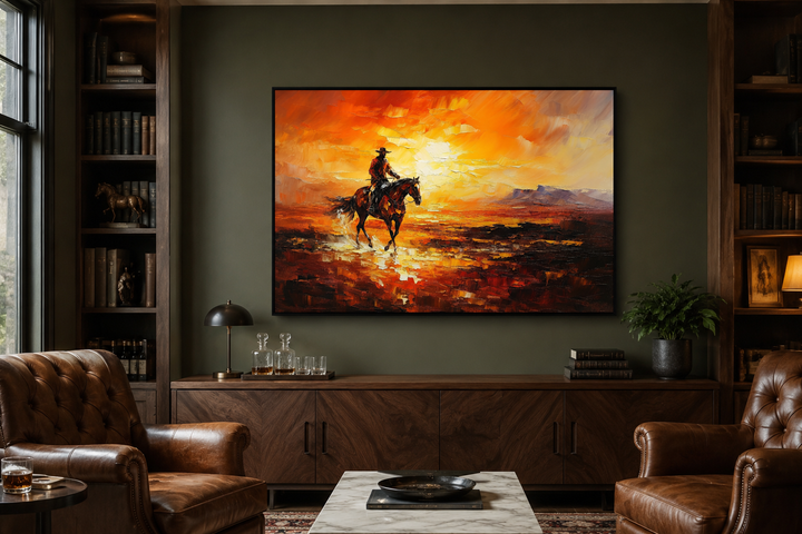 Impressionist canvas art of a cowboy riding a horse in a desert at sunset over a wooden sideboard.