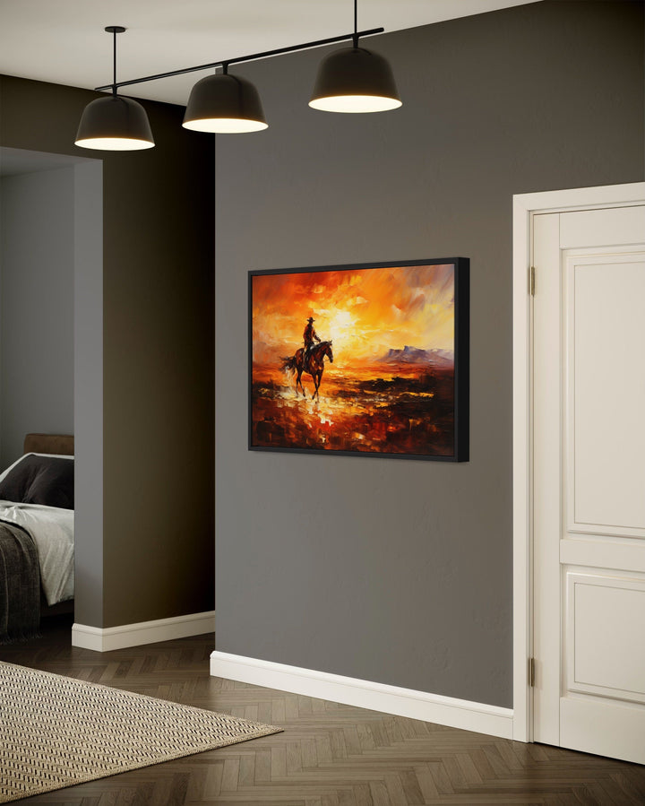 Cowboy Riding A Horse In The Desert At Sunset Wild West Canvas Art in living room