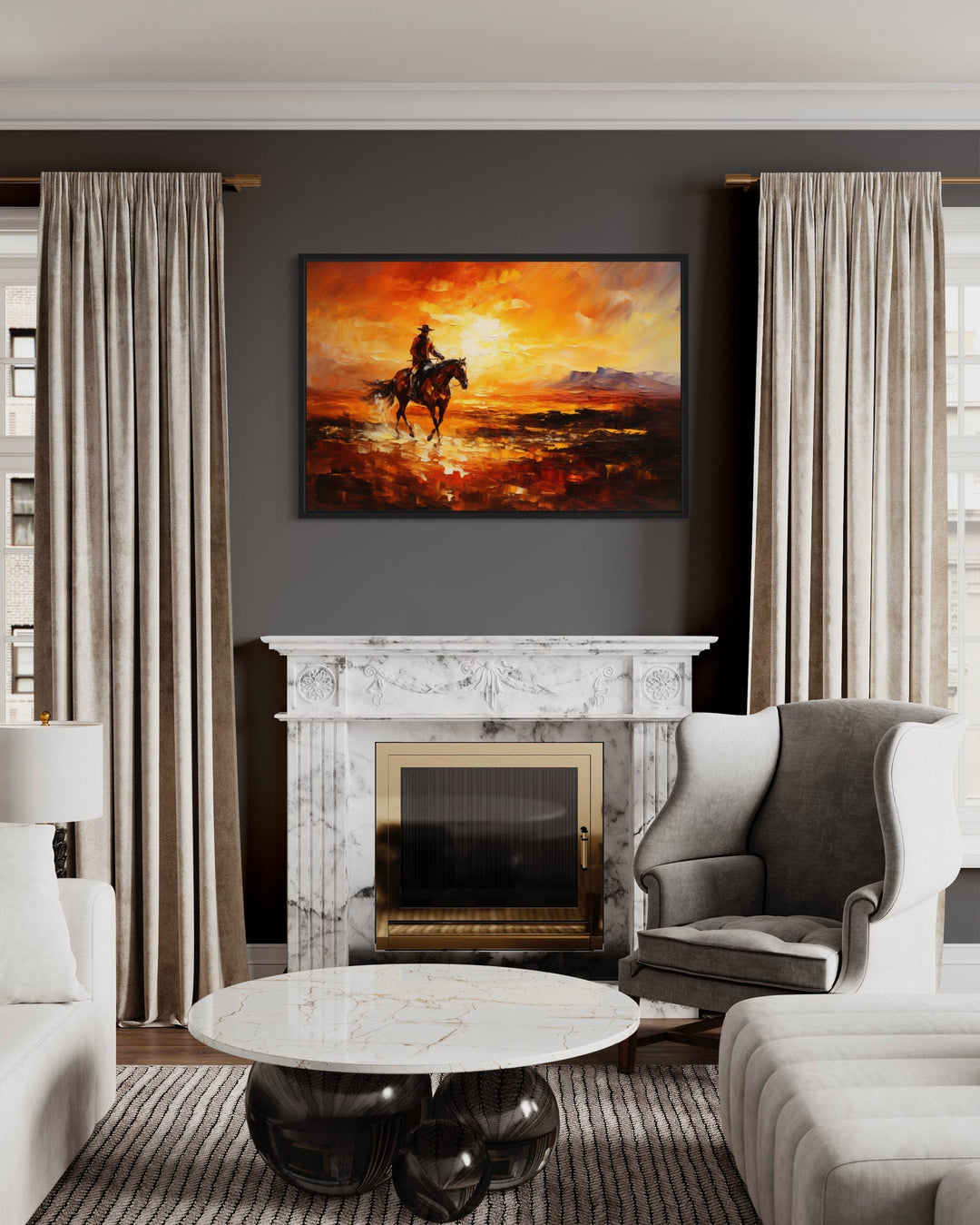 Cowboy Riding A Horse In The Desert At Sunset Wild West Canvas Art above fireplace