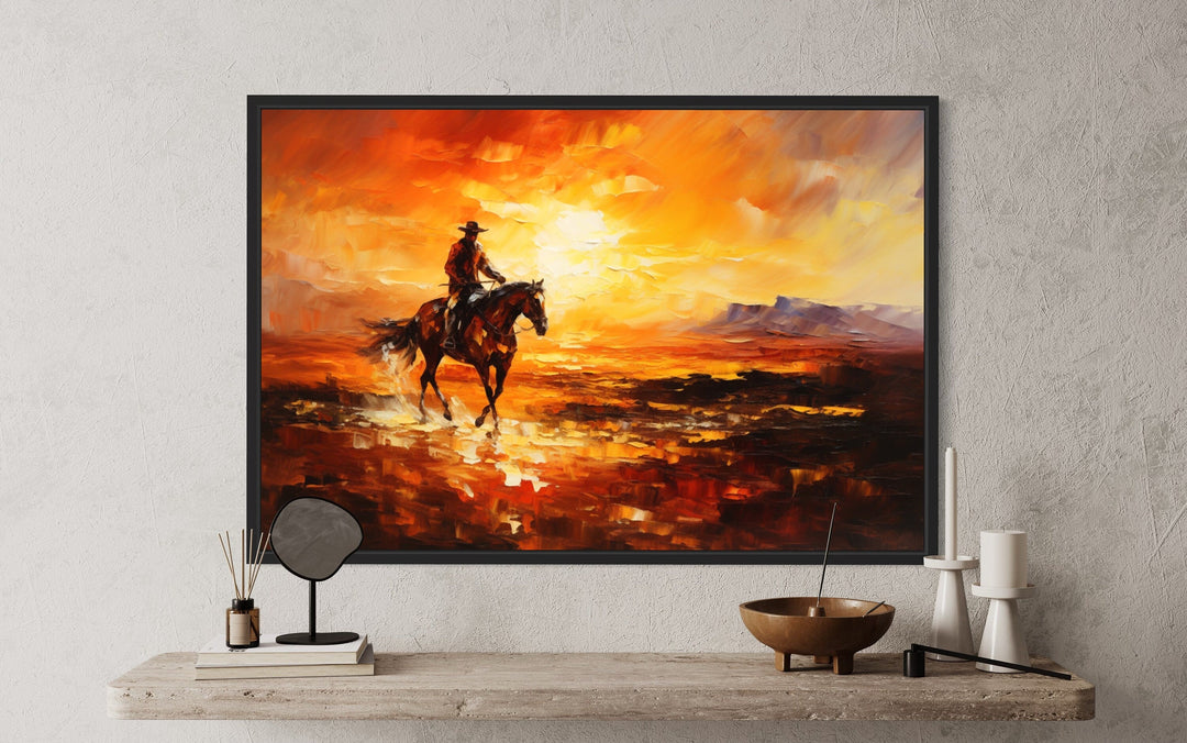 Cowboy Riding A Horse In The Desert At Sunset Wild West Canvas Art close up