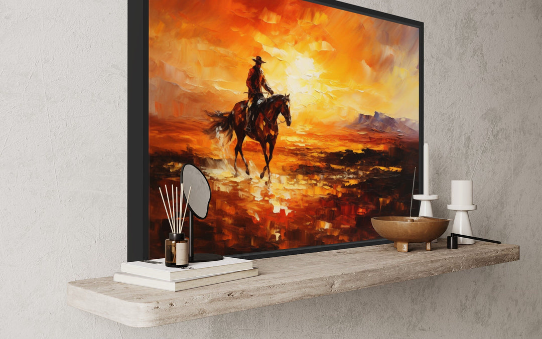 Cowboy Riding A Horse In The Desert At Sunset Wild West Canvas Art side view