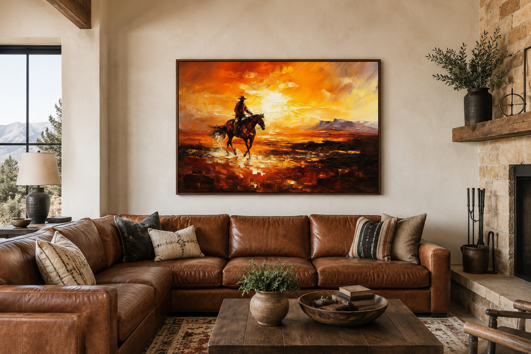 Cowboy riding a horse in the desert at sunset canvas art above a brown leather sectional sofa.