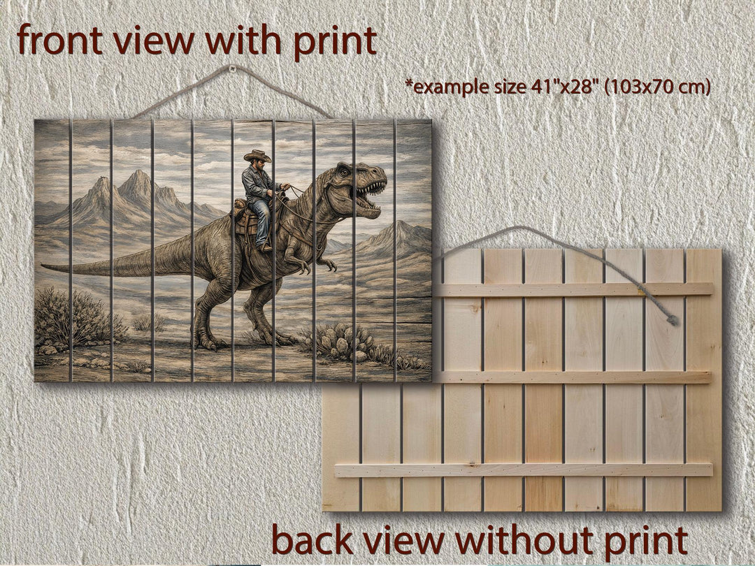 Rustic wood wall art featuring a cowboy riding a dinosaur, shown in front and back views.