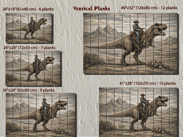 Rustic wood wall art featuring a cowboy riding a T-Rex, available in five different plank sizes.