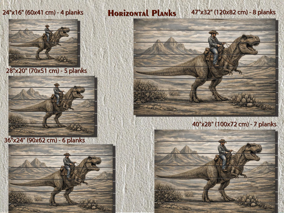 Rustic wood wall art featuring a cowboy riding a dinosaur, shown in five different plank sizes.