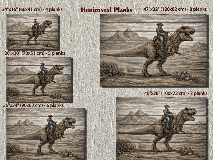 Rustic wood wall art featuring a cowboy riding a dinosaur, shown in five different plank sizes.