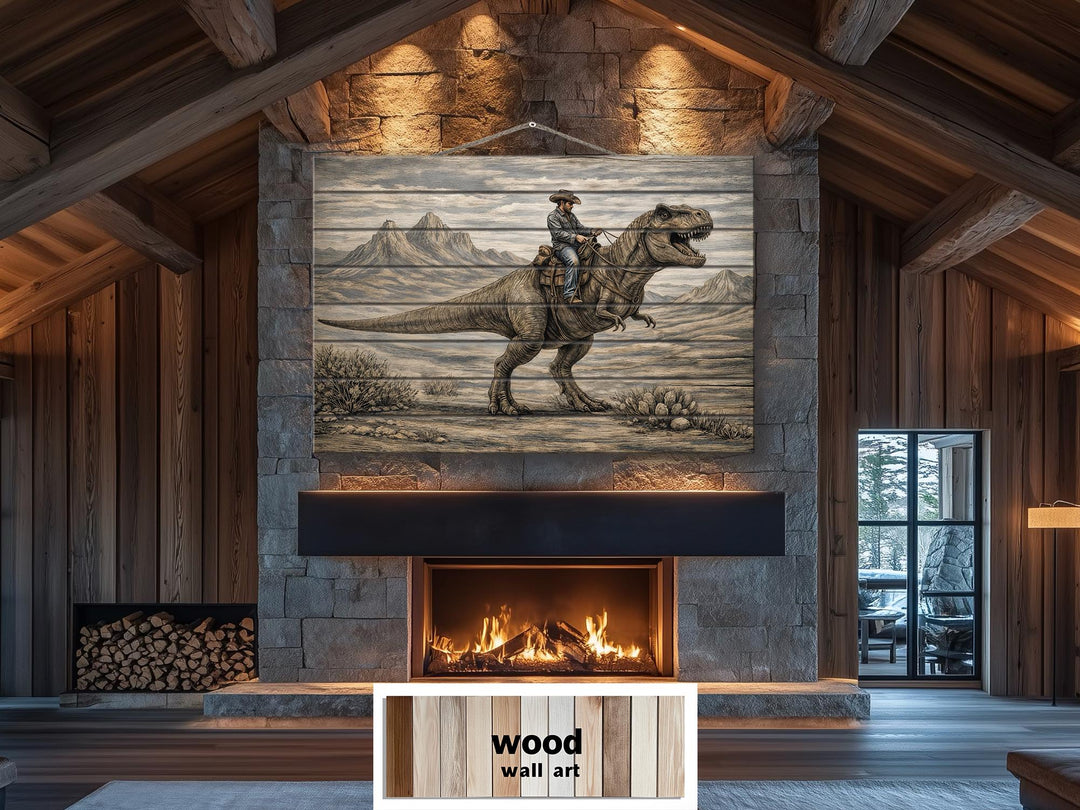 Rustic wood wall art featuring a cowboy riding a dinosaur above a stone fireplace in a cabin.