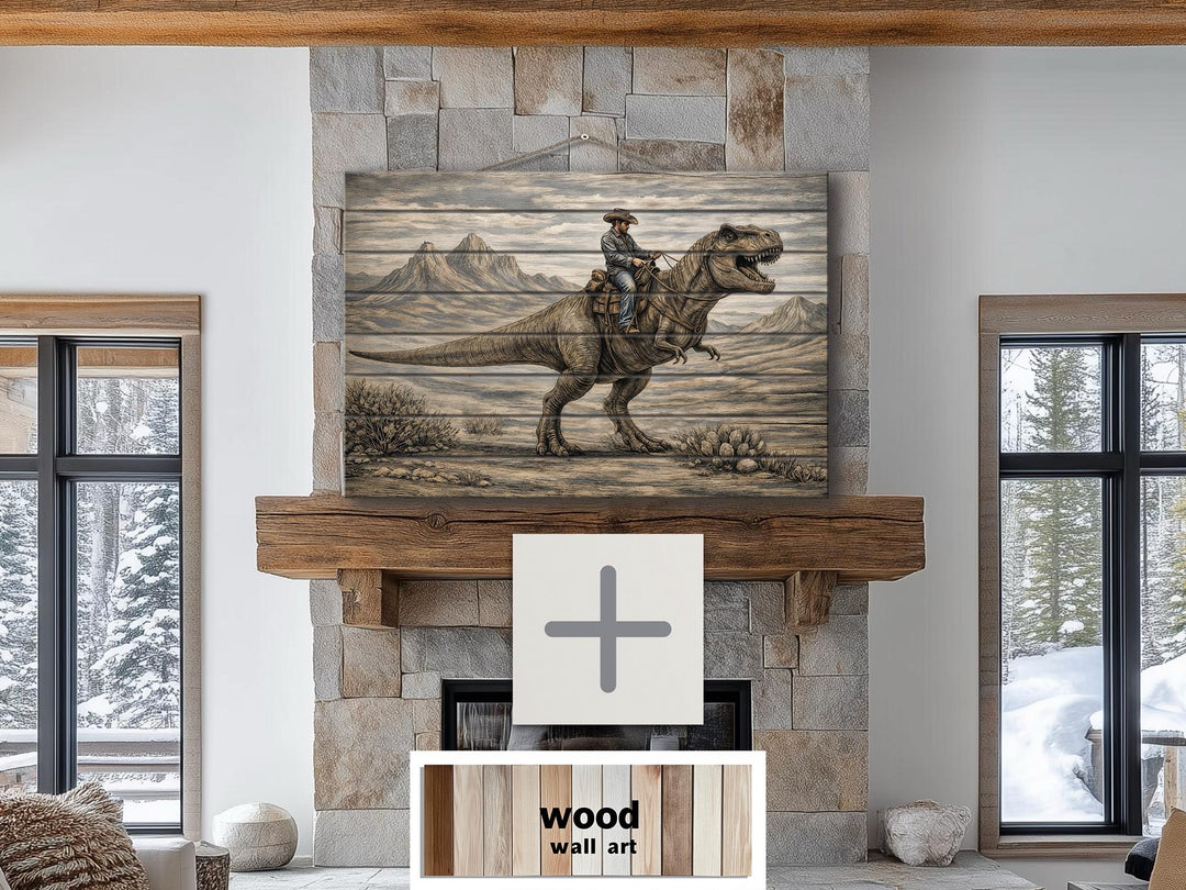 Rustic wood wall art featuring a cowboy riding a dinosaur above a stone fireplace.