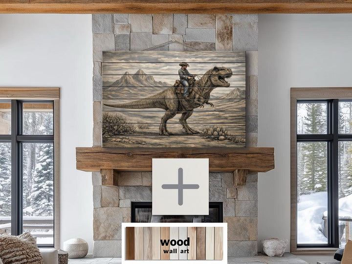 Rustic wood wall art featuring a cowboy riding a dinosaur above a stone fireplace.