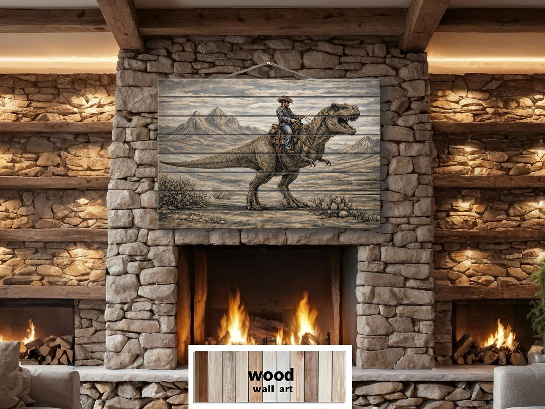 Rustic wood wall art featuring a cowboy riding a dinosaur above a stone fireplace.