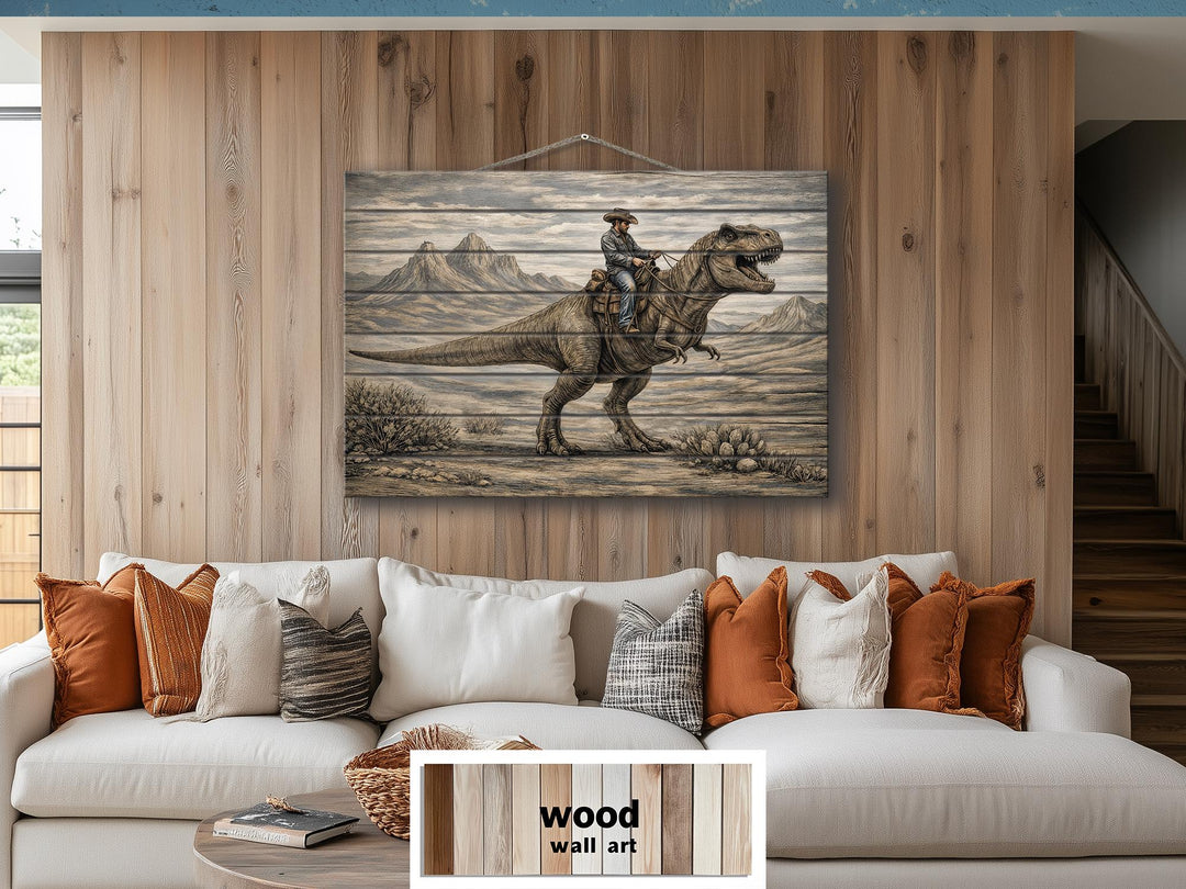 Rustic wood wall art featuring a cowboy riding a dinosaur above a white sofa in a modern room.