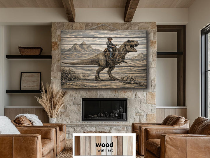 Rustic wood wall art featuring a cowboy riding a dinosaur above a stone fireplace.