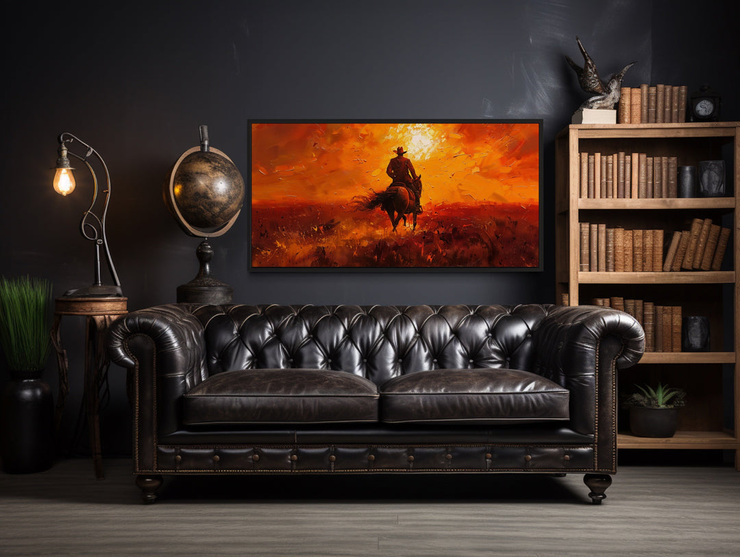 Cowboy Riding Into Sunset Western Canvas Wall Art a living room with a couch