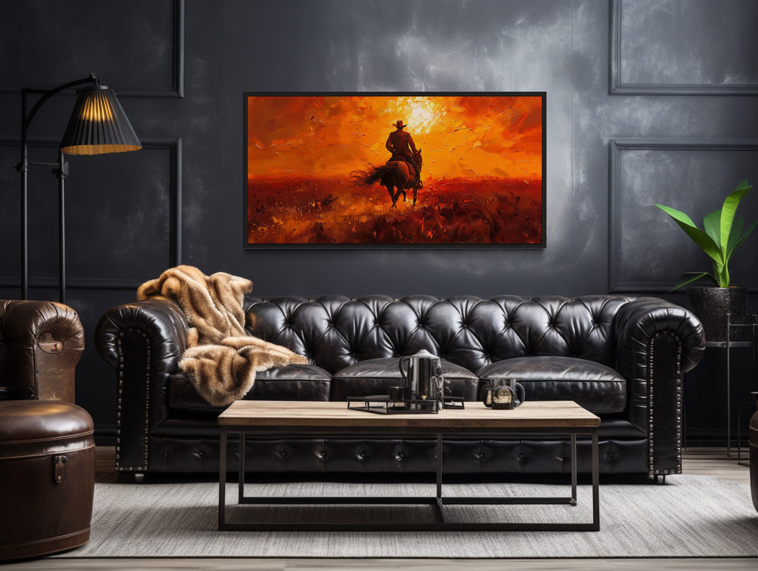 Cowboy Riding Into Sunset Western Canvas Wall Art in dark room