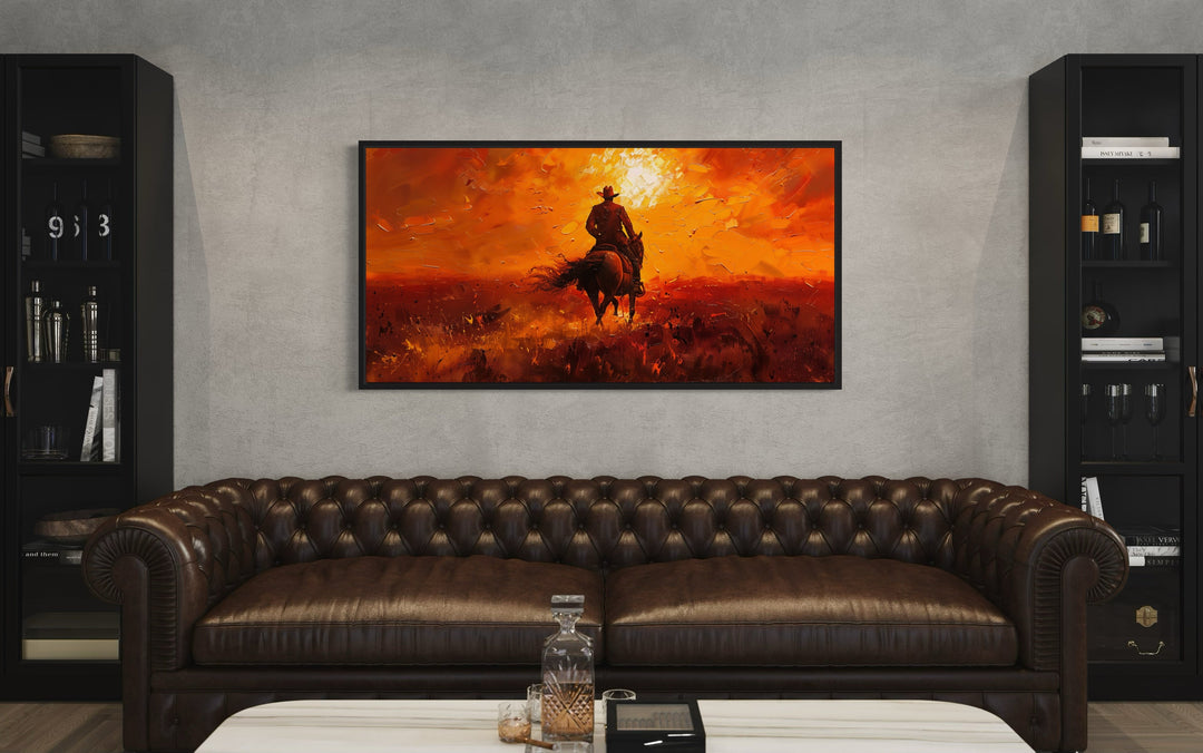 Cowboy Riding Into Sunset Western Canvas Wall Art in man cave