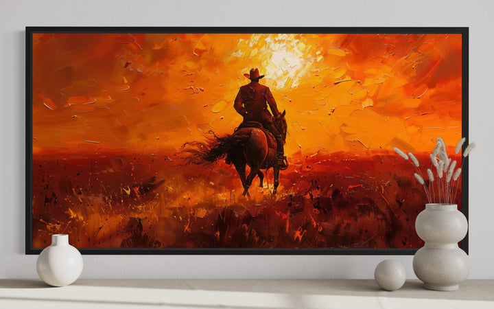 Cowboy Riding Into Sunset Western Canvas Wall Art close up