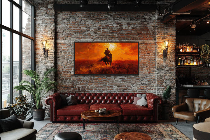 Cowboy Riding Into Sunset Western Canvas Wall Art