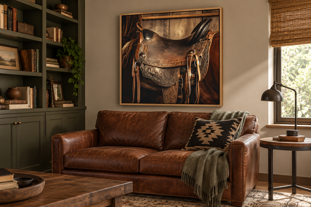 Framed canvas wall art of a detailed leather horse saddle in a rustic western-style living room.