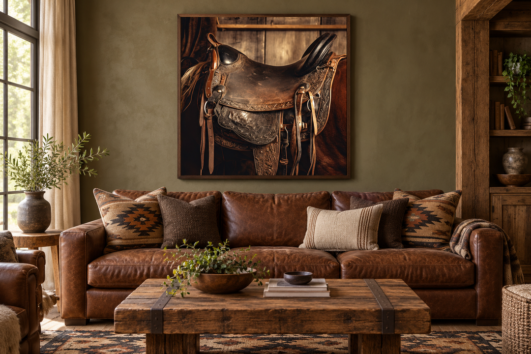 Horse saddle framed canvas wall art hanging above a brown leather sofa in a western-style room.