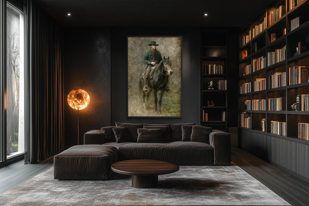 A rustic western canvas print of a cowboy on horseback hangs in a dark, modern living room.