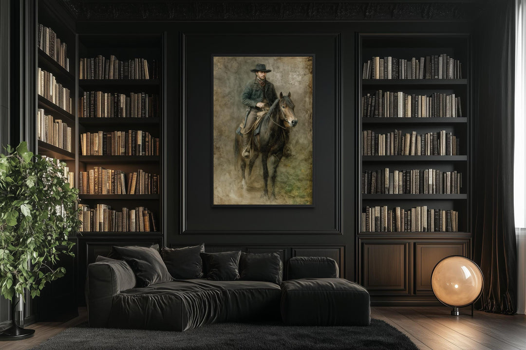 A vertical vintage western canvas print of a cowboy on horseback in a dark, moody library setting.
