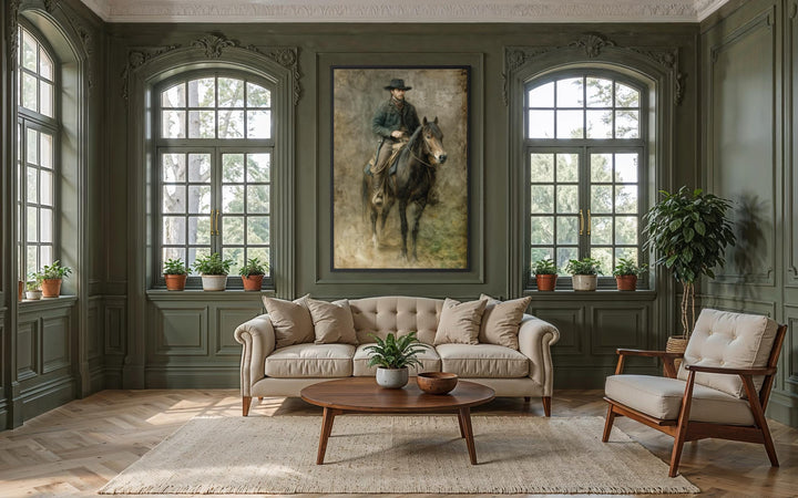 A vintage western canvas print of a cowboy on horseback centered in a rustic, green-walled room.