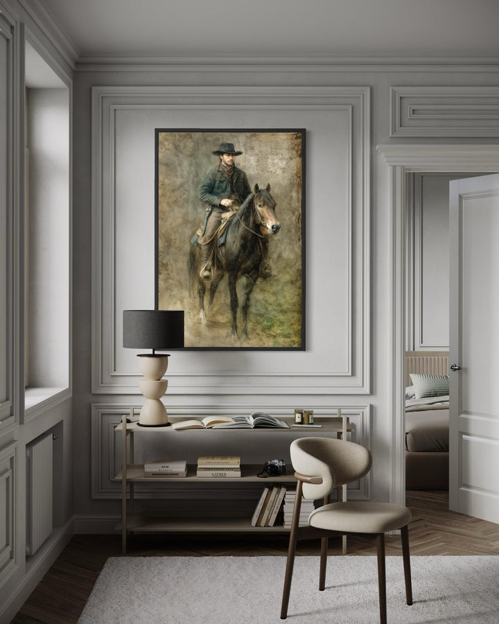 A framed vintage equestrian painting of a cowboy on horseback hangs in a modern, neutral-toned room.