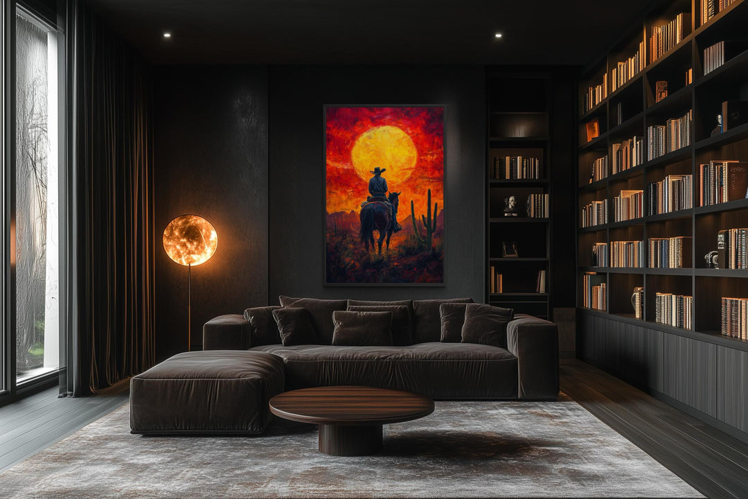 A framed canvas print of a cowboy on horseback silhouetted against a fiery desert sunset.