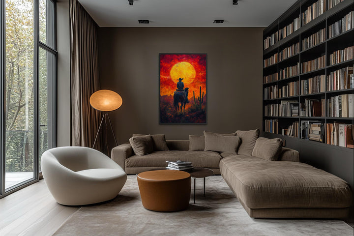 A framed canvas print of a cowboy on horseback silhouetted against a fiery desert sunset.