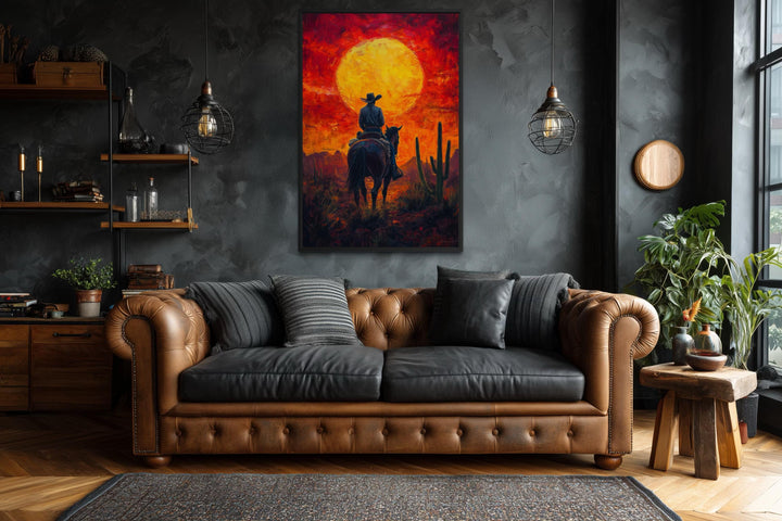 A framed canvas print of a cowboy on horseback silhouetted against a fiery desert sunset.