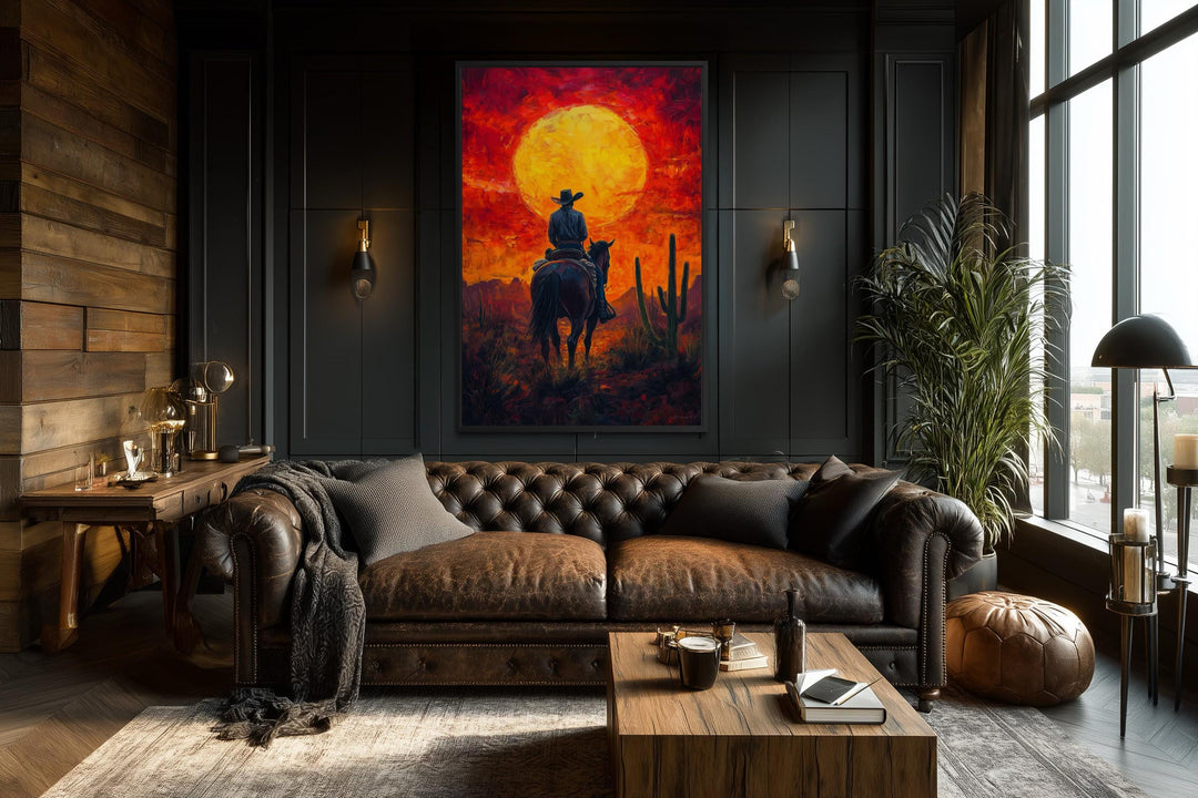 A framed canvas print of a cowboy on horseback silhouetted against a fiery desert sunset.