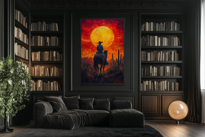 A framed canvas print of a cowboy on horseback silhouetted against a fiery desert sunset.