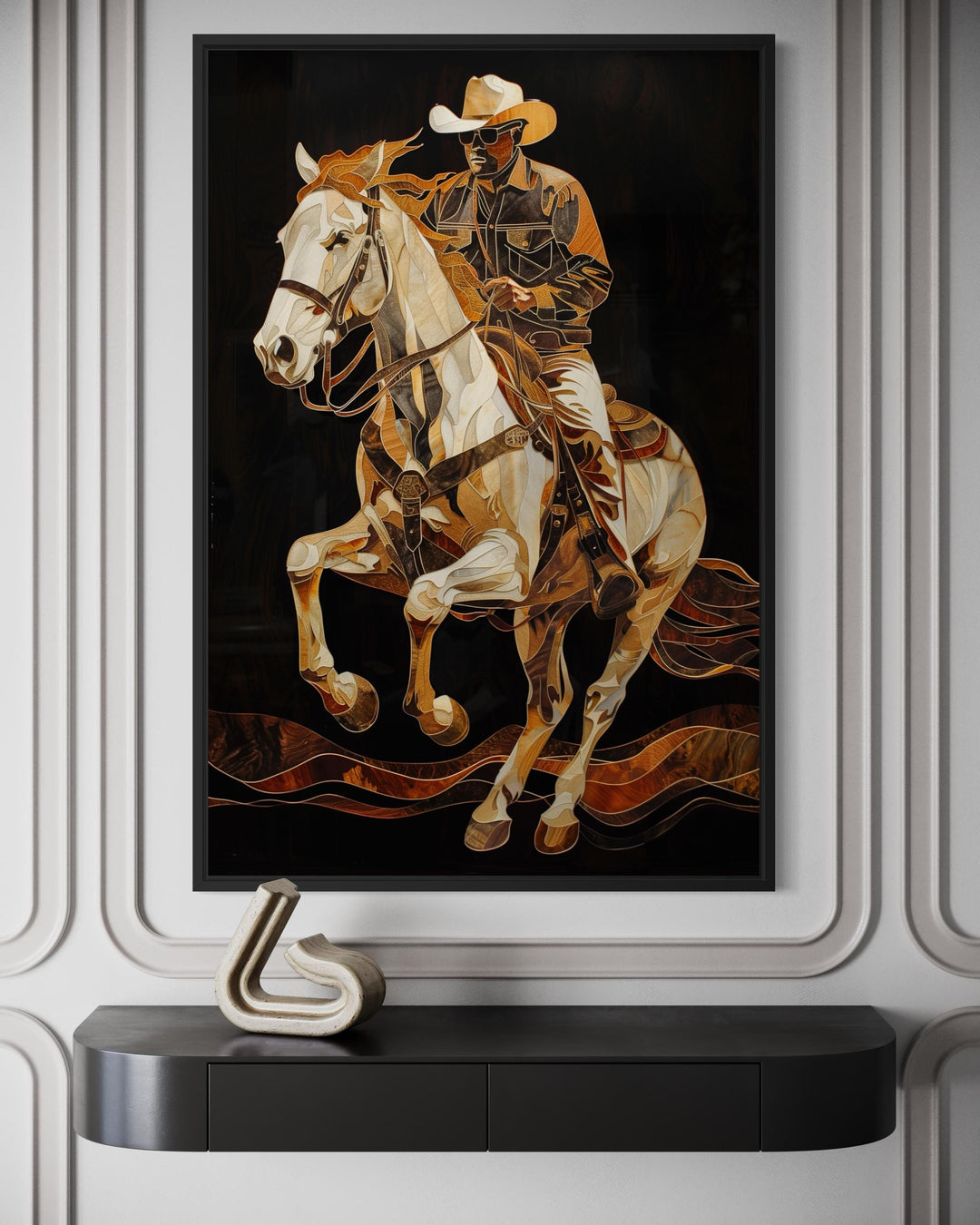 Framed mosaic-style canvas art of a cowboy on a horse in gold and bronze tones on a black background.