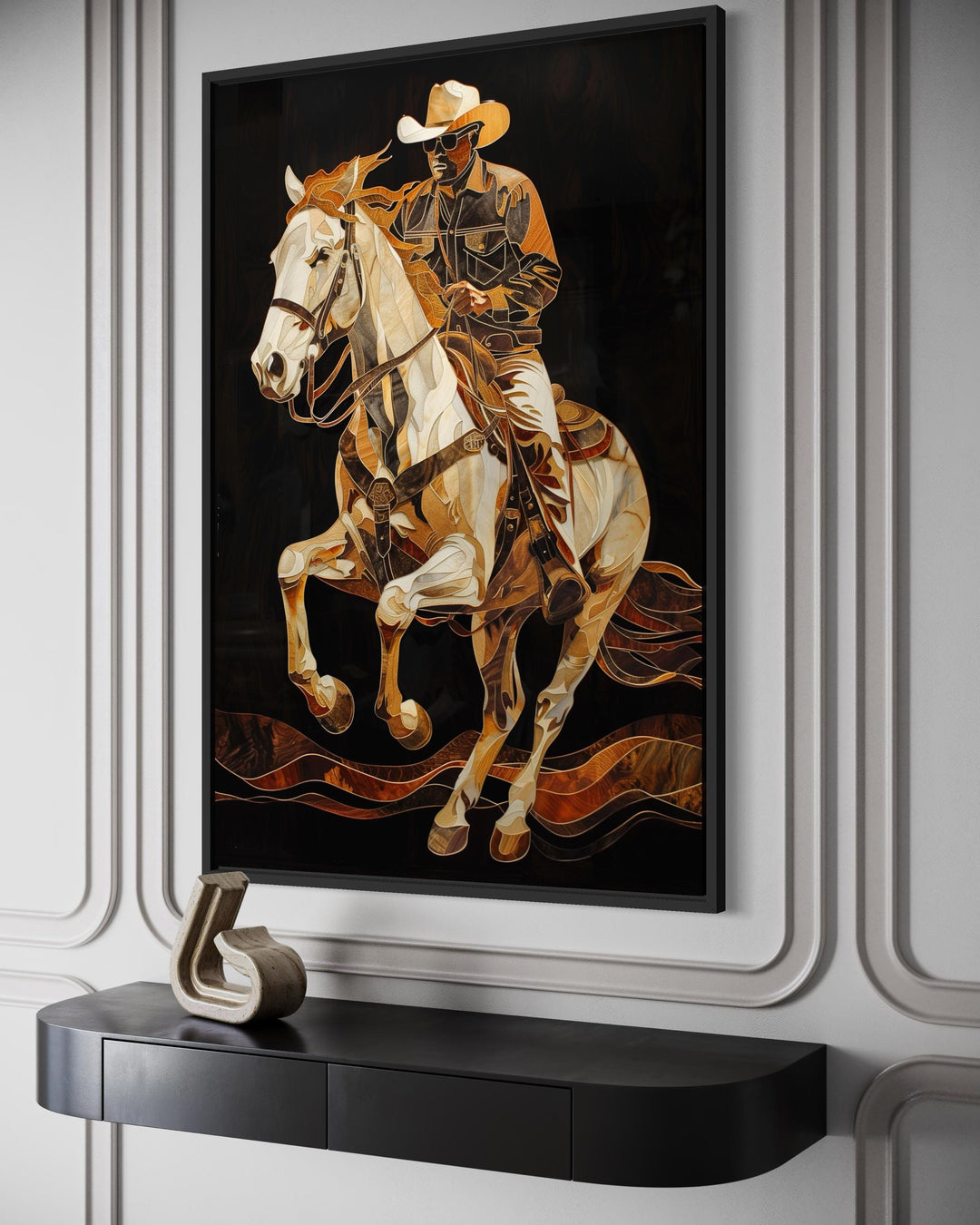 A framed canvas print of a cowboy on a horse in a mosaic style with gold and bronze tones.
