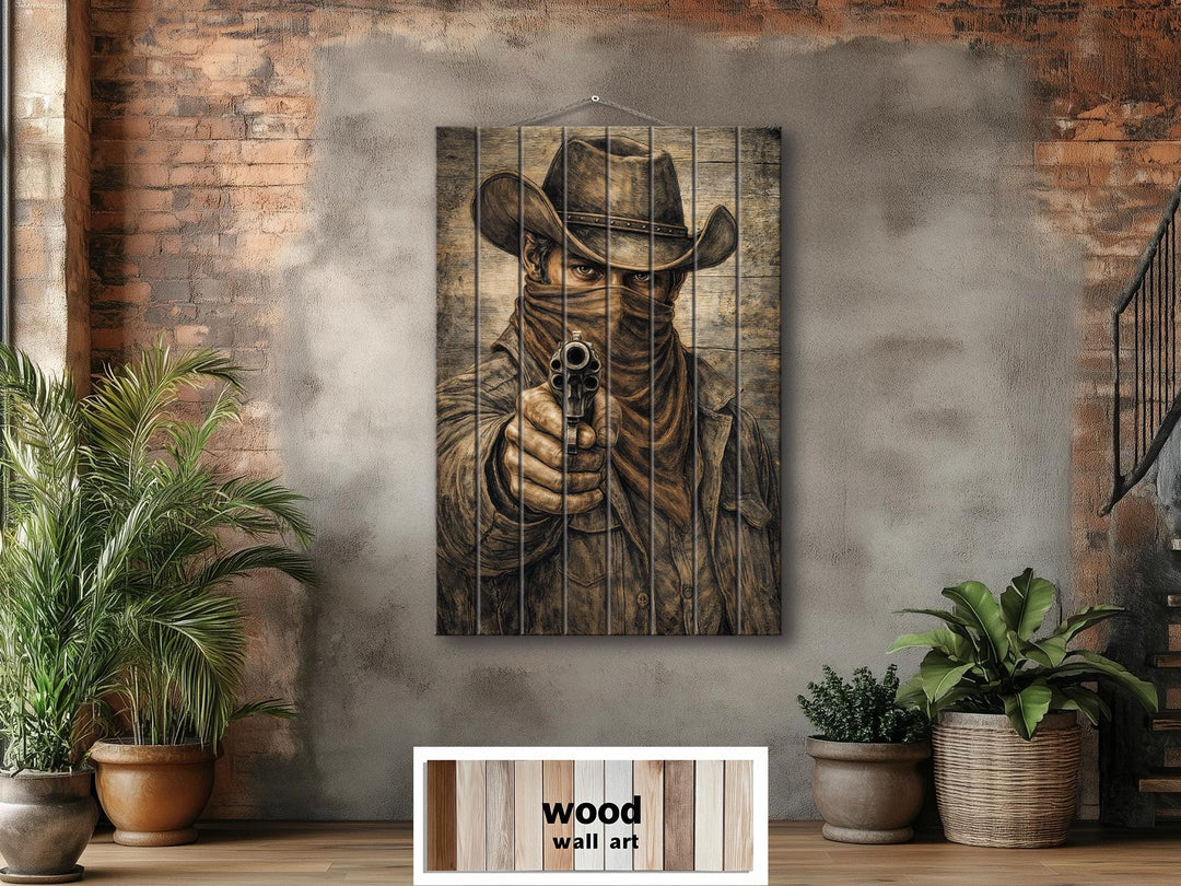 Distressed wood wall art featuring a rustic portrait of a cowboy pointing a revolver forward.