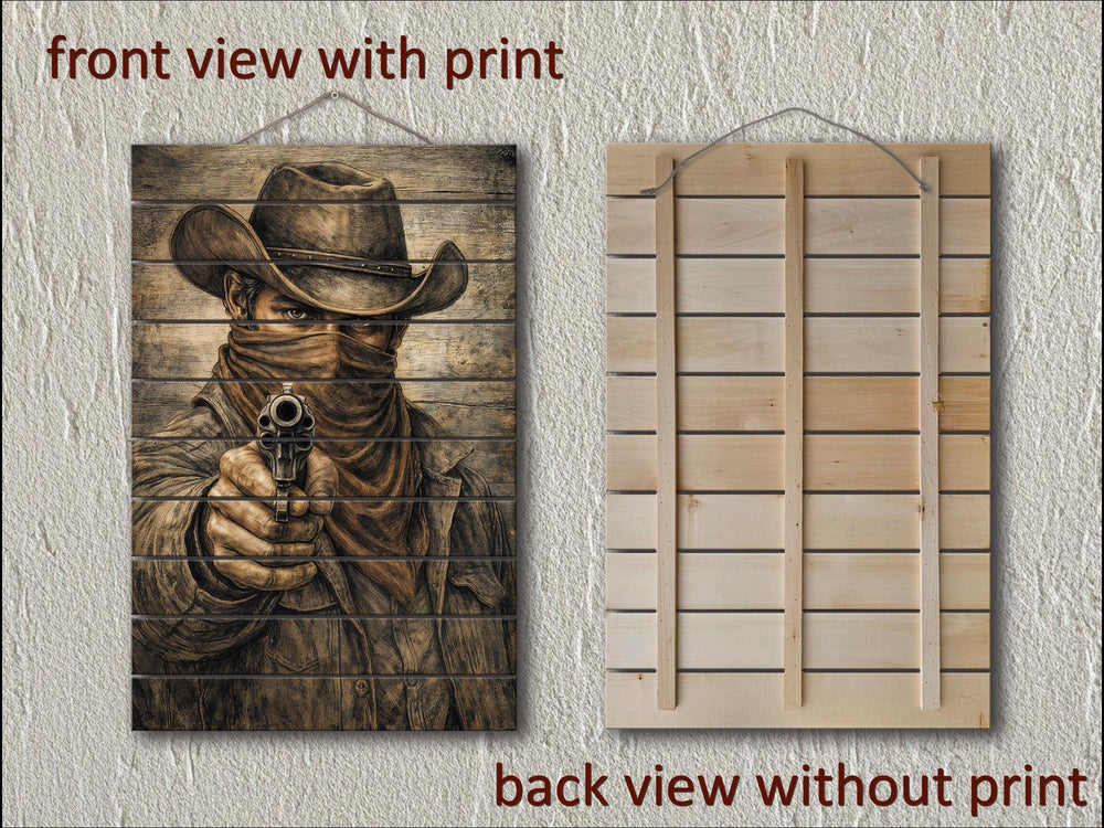 Cowboy with a gun printed on a rustic, distressed wood plank wall art panel.