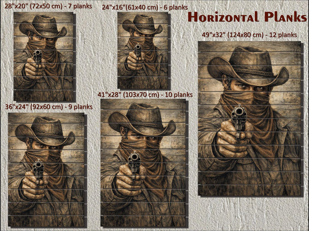 Rustic wood wall art featuring a sepia-toned cowboy outlaw portrait in five different sizes.