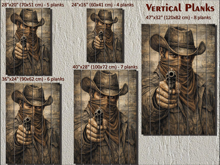A rustic wood wall art portrait of a cowboy with a gun, available in five vertical plank sizes.
