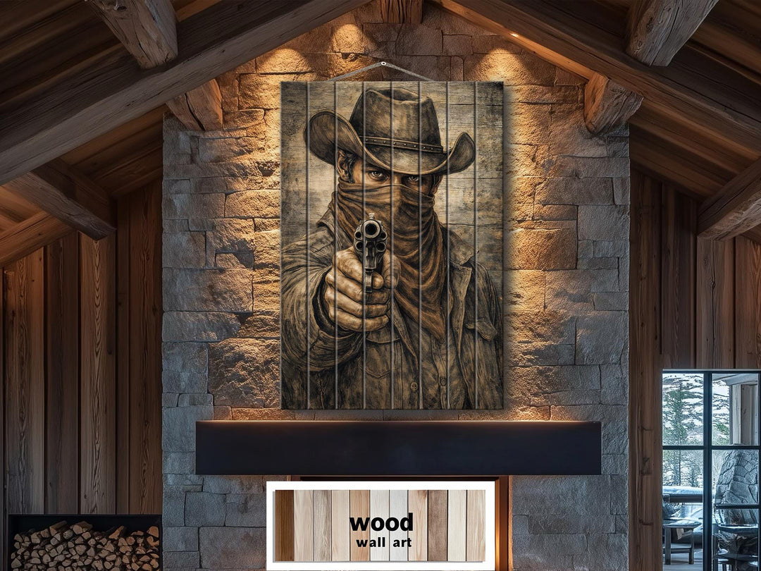 Distressed wood wall art featuring a vertical portrait of a cowboy holding a revolver.