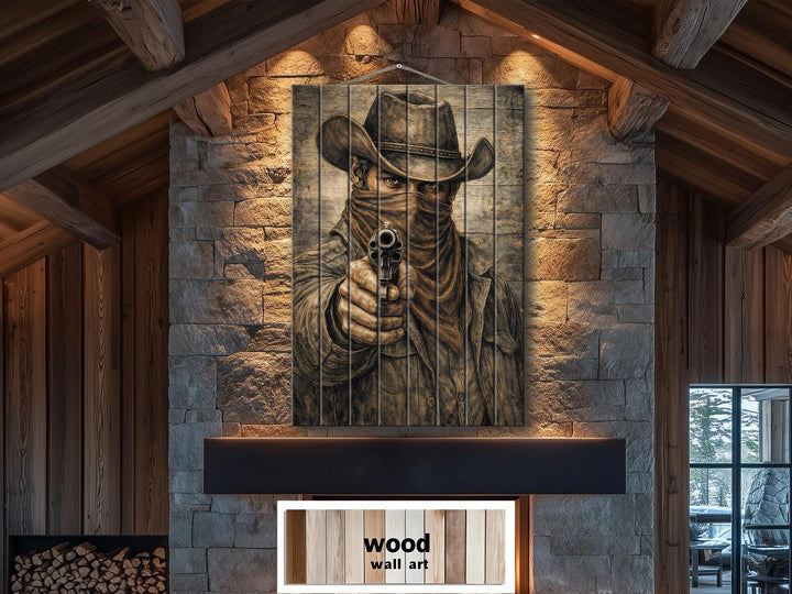 Distressed wood wall art featuring a vertical portrait of a cowboy holding a revolver.