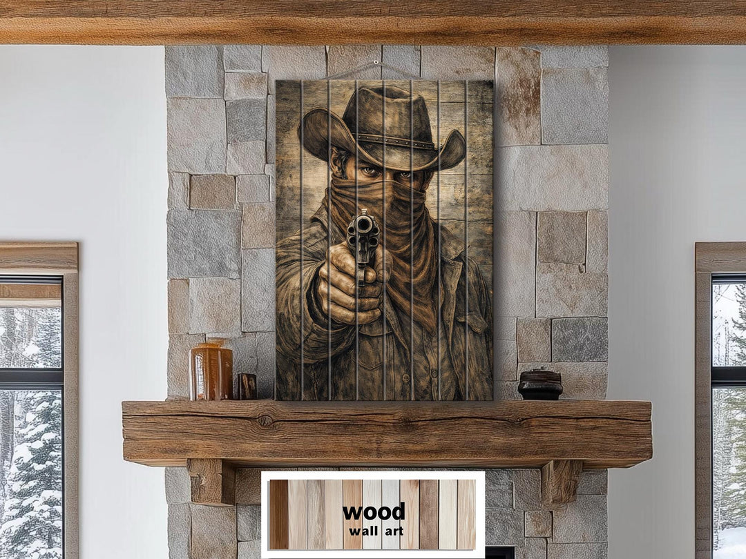 Rustic wood wall art featuring a sepia-toned portrait of a cowboy holding a revolver.